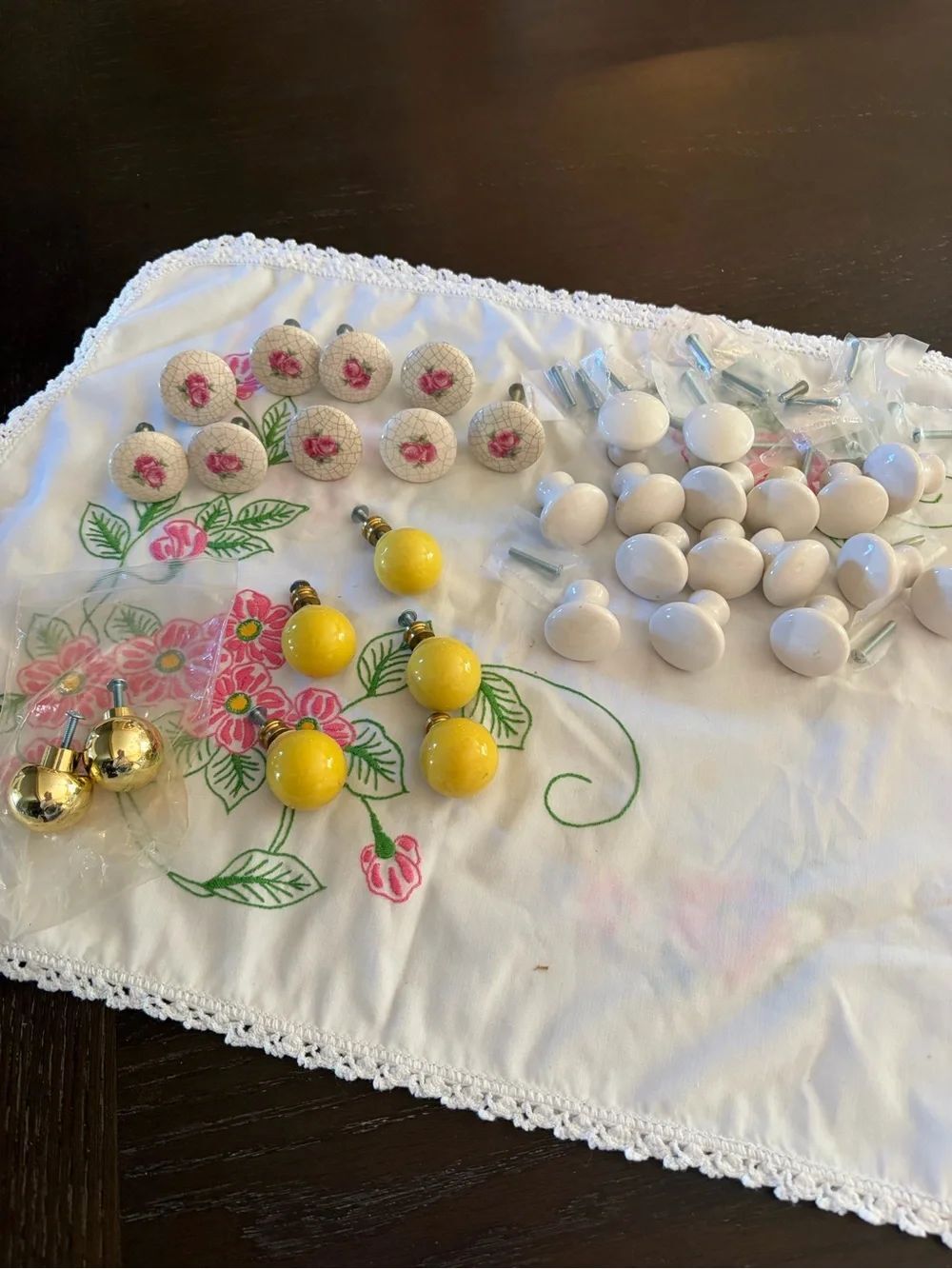 Vintage Dresser Knobs Yellow Gold White Porcelain Floral Mixed Lot
